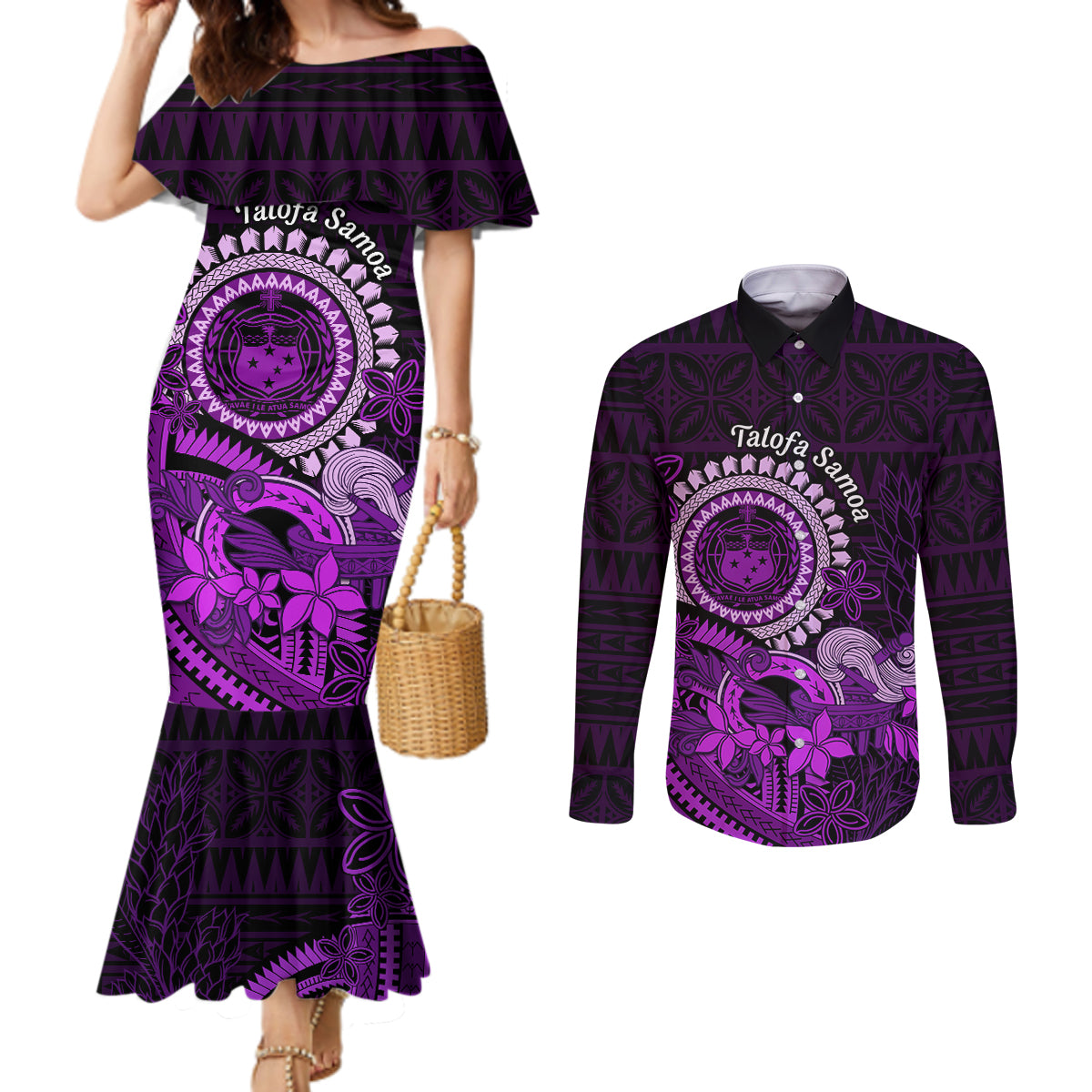 Purple Talofa Samoa Couples Matching Mermaid Dress and Long Sleeve Button Shirt Samoan Kava Bowl Siapo Pattern LT14 Purple - Polynesian Pride