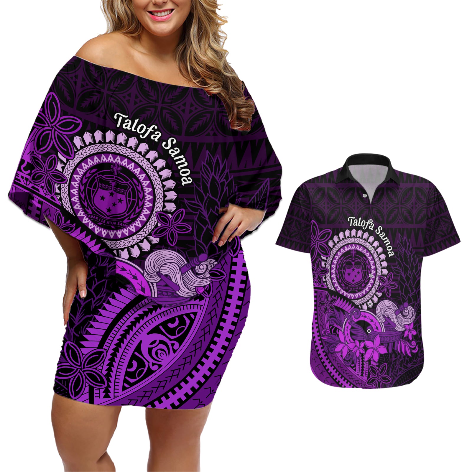 Purple Talofa Samoa Couples Matching Off Shoulder Short Dress and Hawaiian Shirt Samoan Kava Bowl Siapo Pattern LT14 Purple - Polynesian Pride