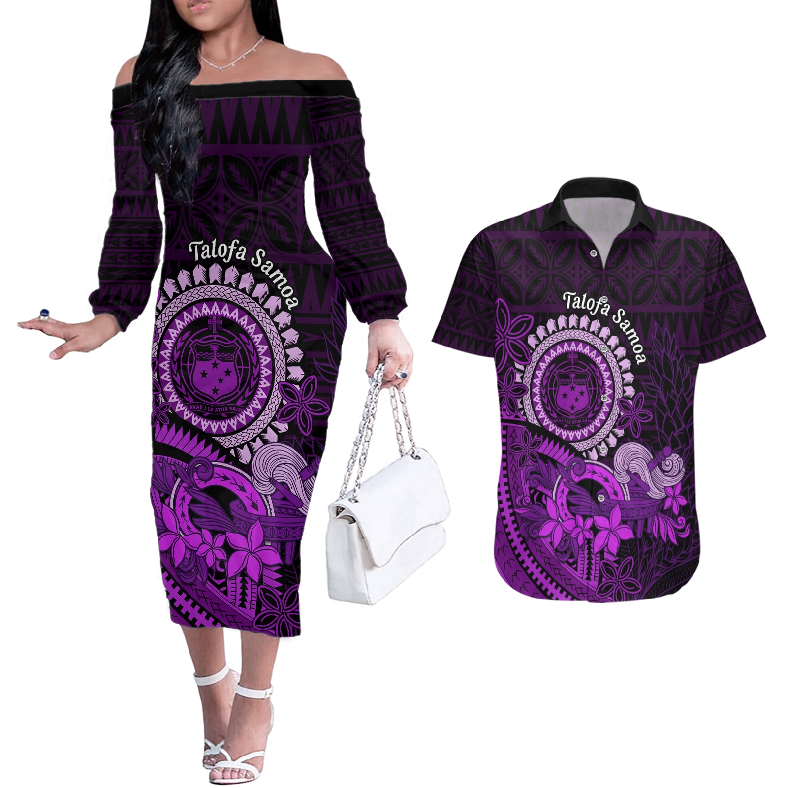 Purple Talofa Samoa Couples Matching Off The Shoulder Long Sleeve Dress and Hawaiian Shirt Samoan Kava Bowl Siapo Pattern LT14 Purple - Polynesian Pride