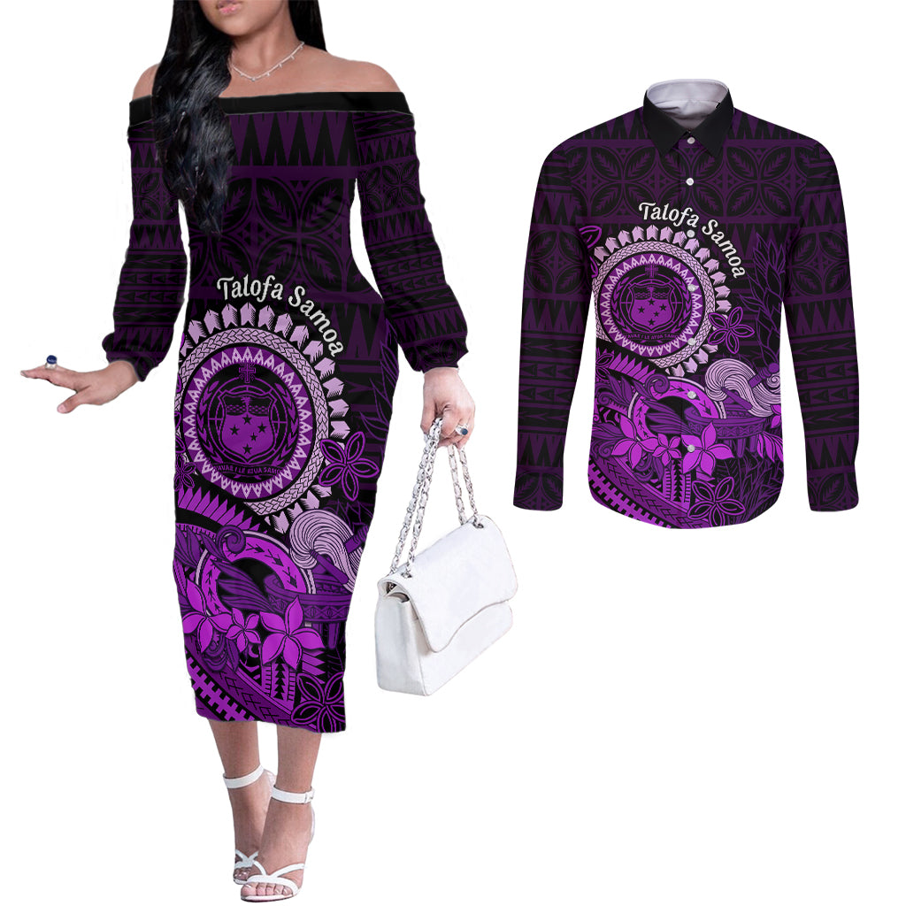 Purple Talofa Samoa Couples Matching Off The Shoulder Long Sleeve Dress and Long Sleeve Button Shirt Samoan Kava Bowl Siapo Pattern LT14 Purple - Polynesian Pride