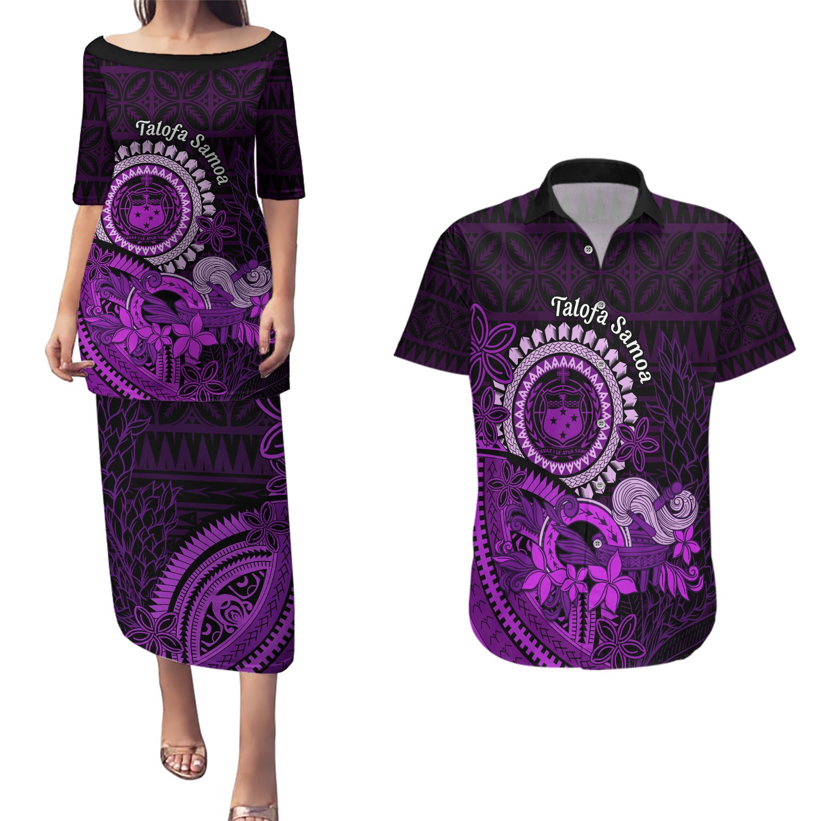 Purple Talofa Samoa Couples Matching Puletasi Dress and Hawaiian Shirt Samoan Kava Bowl Siapo Pattern LT14 Purple - Polynesian Pride