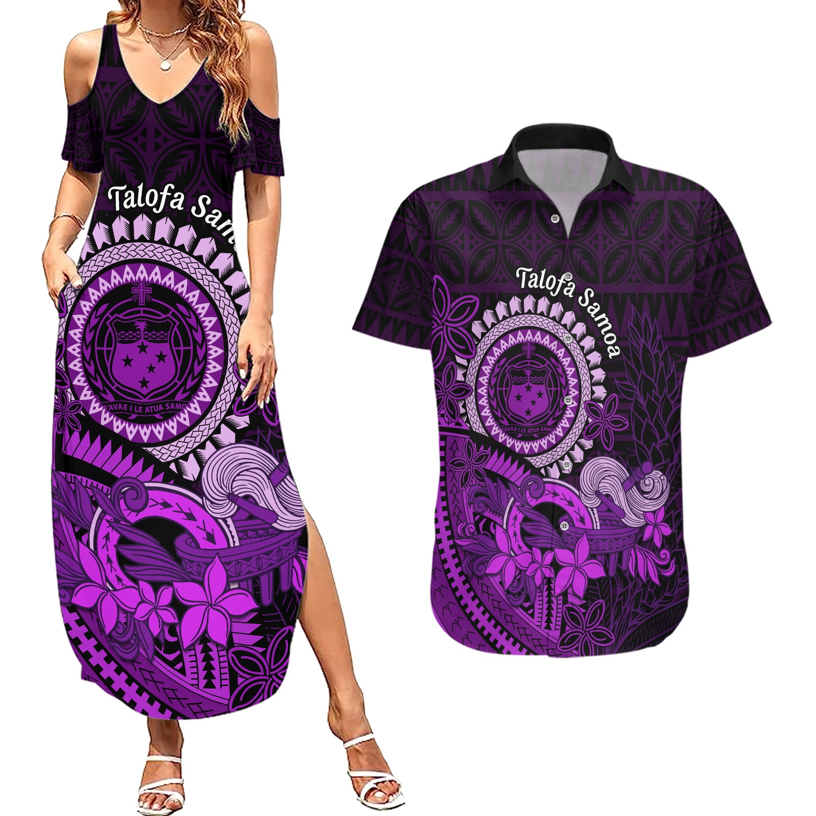 Purple Talofa Samoa Couples Matching Summer Maxi Dress and Hawaiian Shirt Samoan Kava Bowl Siapo Pattern LT14 Purple - Polynesian Pride