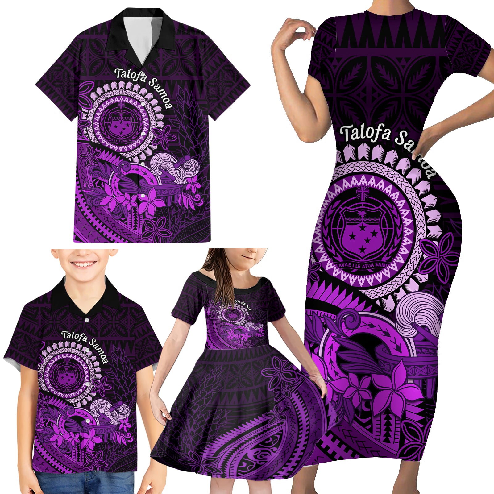 Purple Talofa Samoa Family Matching Short Sleeve Bodycon Dress and Hawaiian Shirt Samoan Kava Bowl Siapo Pattern LT14 - Polynesian Pride