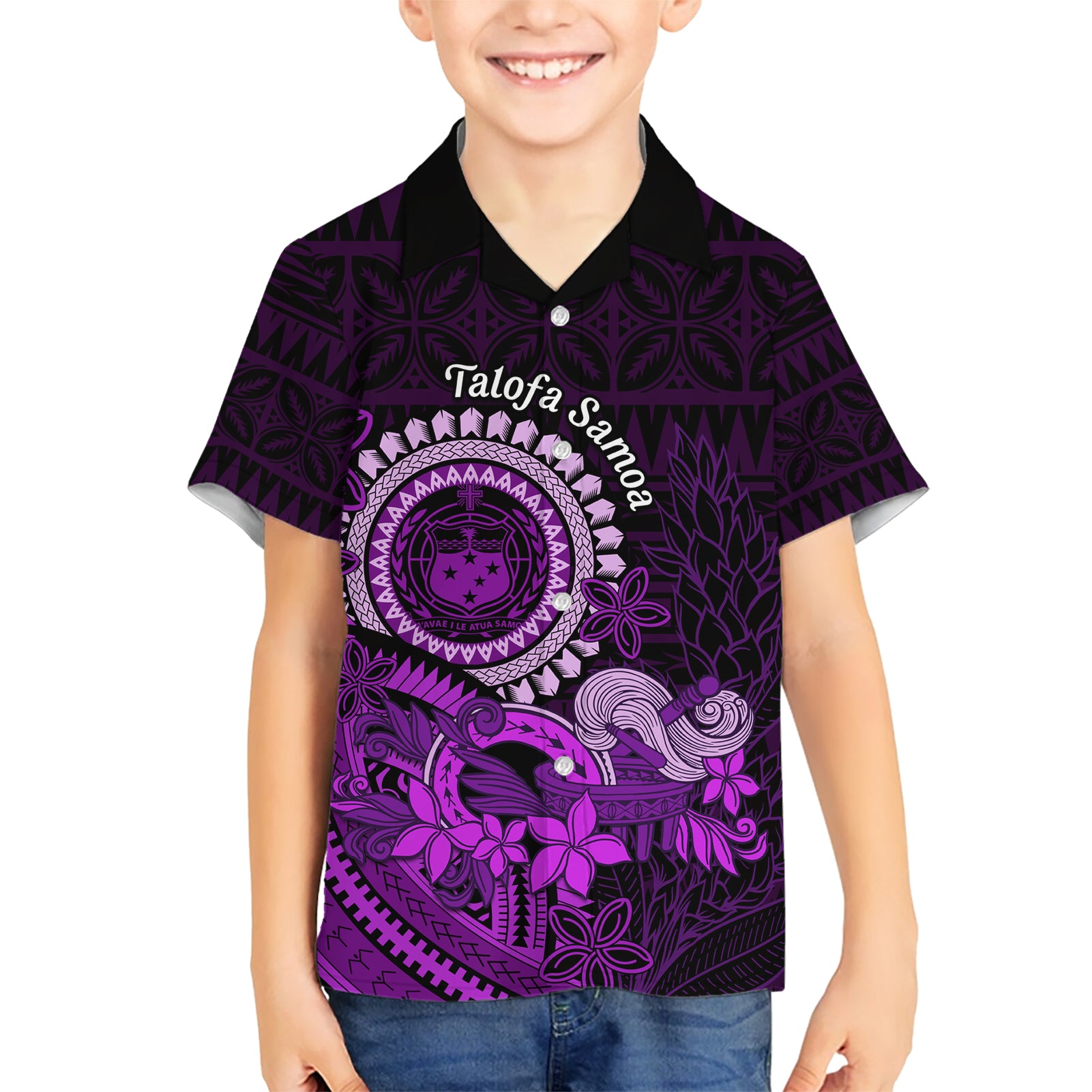 Purple Talofa Samoa Kid Hawaiian Shirt Samoan Kava Bowl Siapo Pattern LT14 Kid Purple - Polynesian Pride