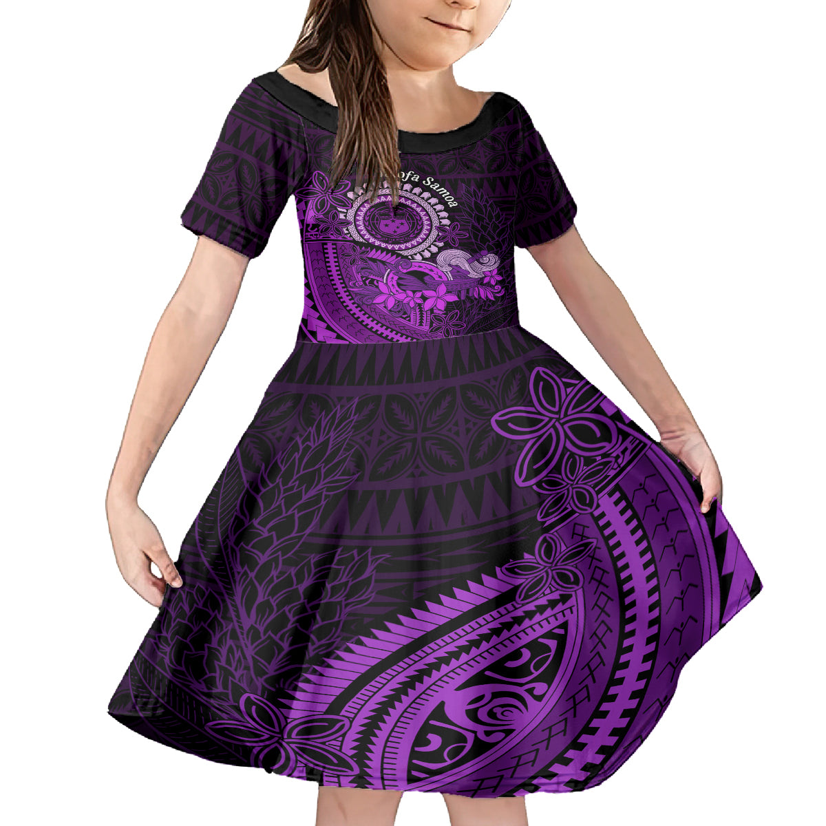 Purple Talofa Samoa Kid Short Sleeve Dress Samoan Kava Bowl Siapo Pattern LT14 KID Purple - Polynesian Pride