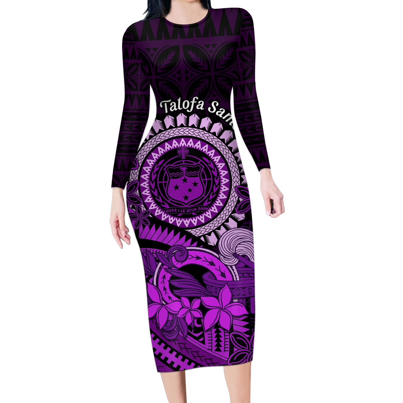 Purple Talofa Samoa Long Sleeve Bodycon Dress Samoan Kava Bowl Siapo Pattern LT14 Long Dress Purple - Polynesian Pride