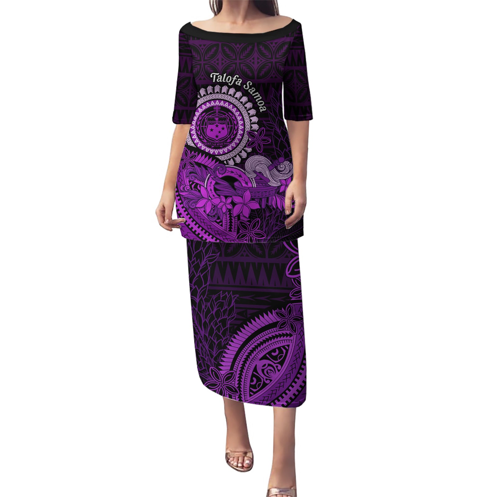 Purple Talofa Samoa Puletasi Samoan Kava Bowl Siapo Pattern LT14 Long Dress Purple - Polynesian Pride