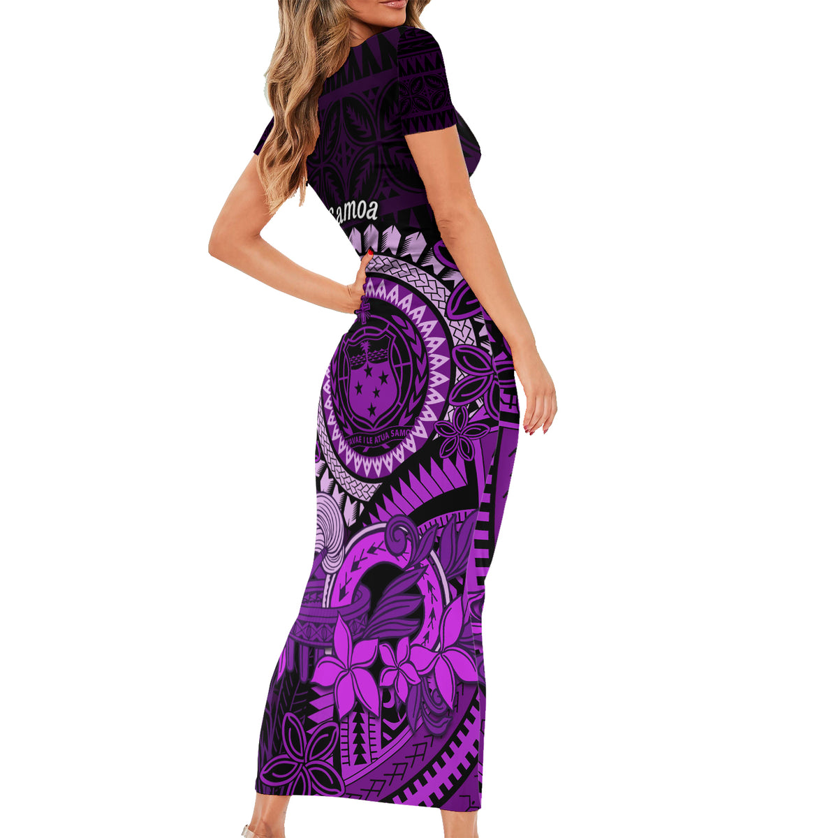 Purple Talofa Samoa Short Sleeve Bodycon Dress Samoan Kava Bowl Siapo Pattern LT14 - Polynesian Pride