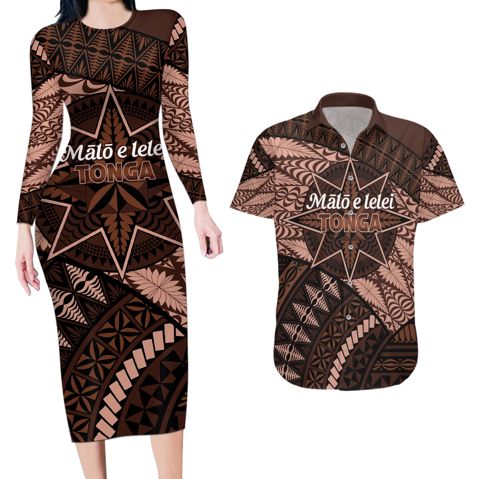 Malo e lelei Tonga Couples Matching Long Sleeve Bodycon Dress and Hawaiian Shirt Tongan Ngatu Pattern Vintage Vibes LT14 Brown - Polynesian Pride