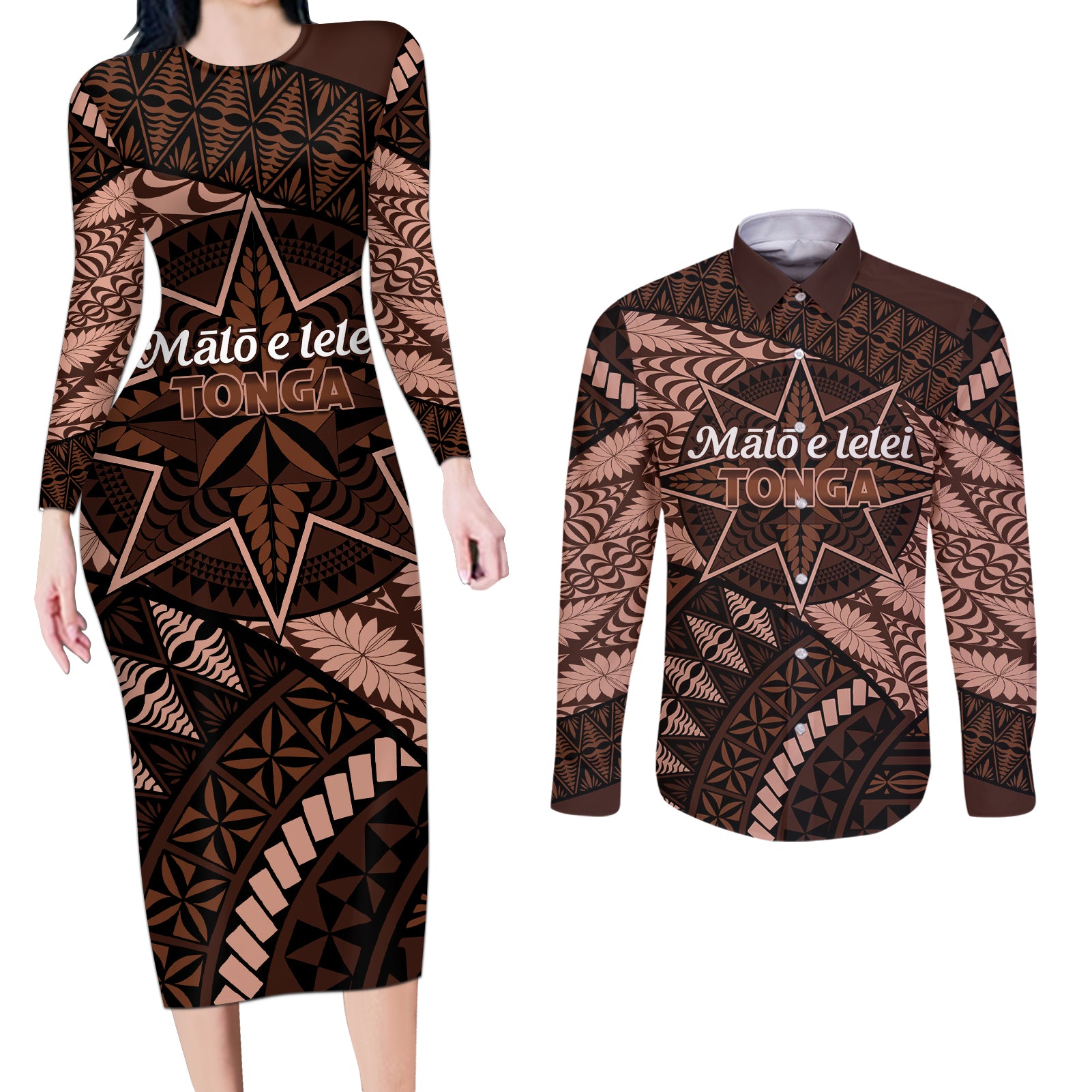 Malo e lelei Tonga Couples Matching Long Sleeve Bodycon Dress and Long Sleeve Button Shirt Tongan Ngatu Pattern Vintage Vibes LT14 Brown - Polynesian Pride