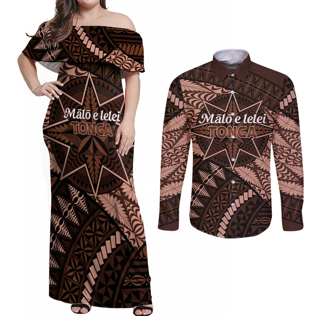 Malo e lelei Tonga Couples Matching Off Shoulder Maxi Dress and Long Sleeve Button Shirt Tongan Ngatu Pattern Vintage Vibes LT14 Brown - Polynesian Pride