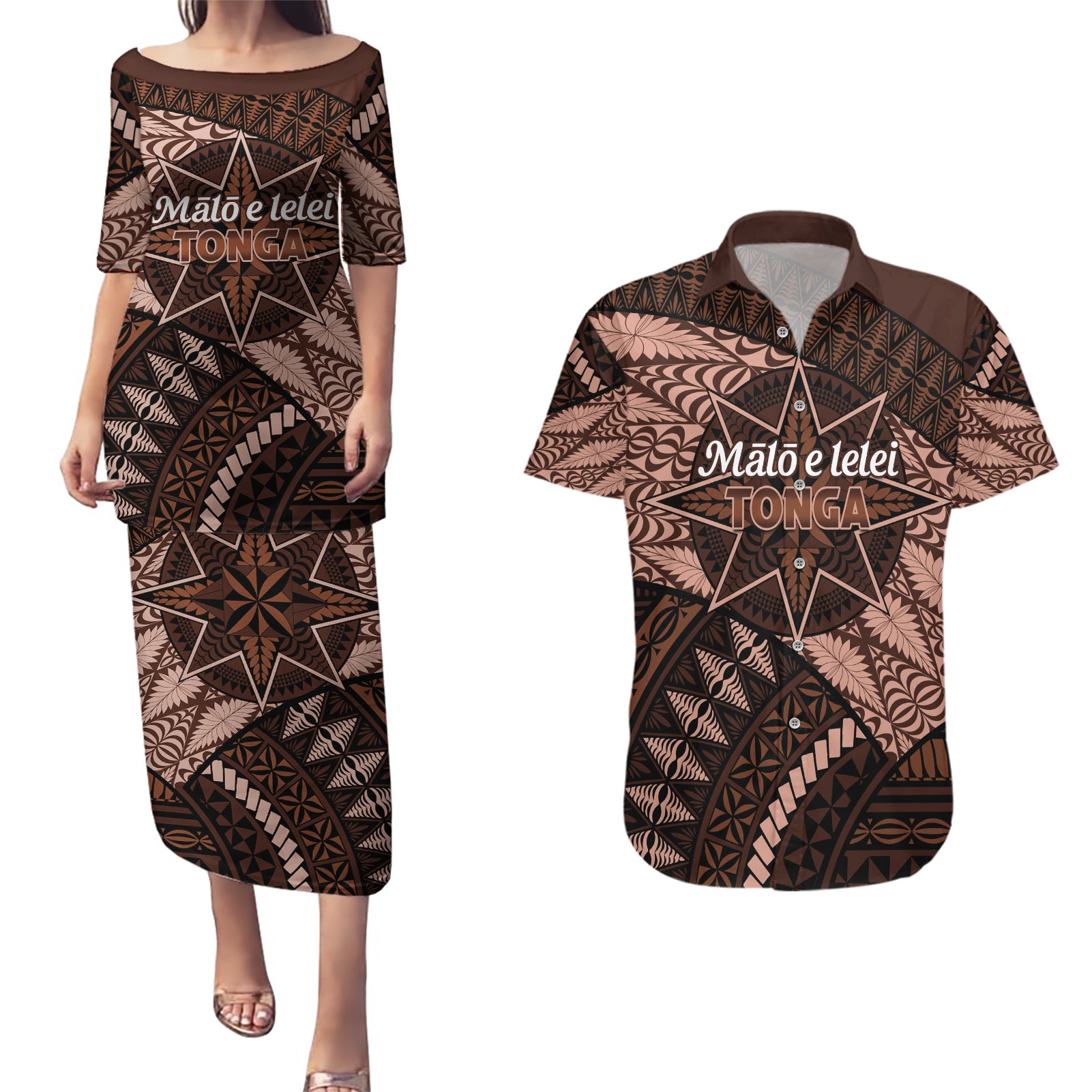 Malo e lelei Tonga Couples Matching Puletasi Dress and Hawaiian Shirt Tongan Ngatu Pattern Vintage Vibes LT14 Brown - Polynesian Pride