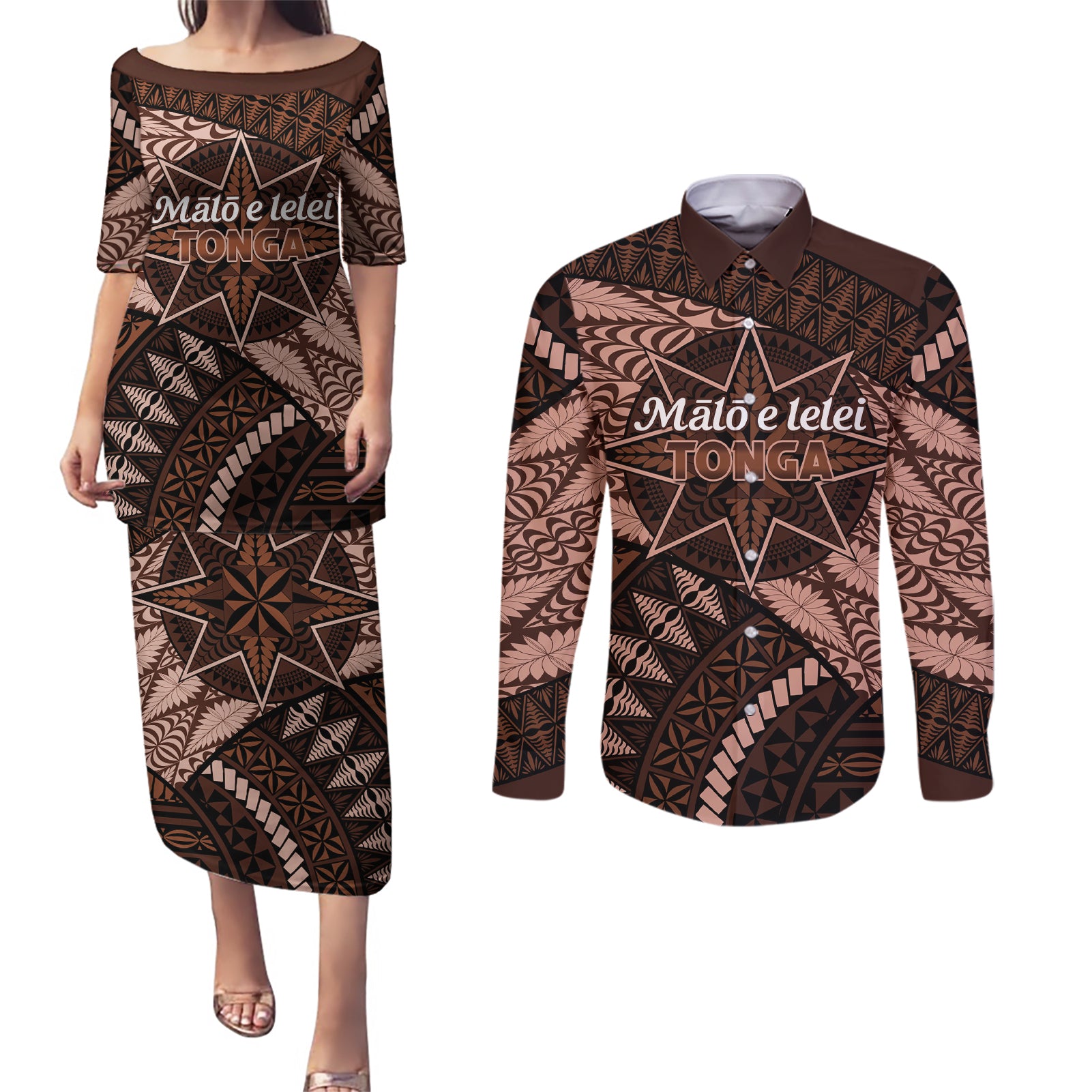 Malo e lelei Tonga Couples Matching Puletasi Dress and Long Sleeve Button Shirt Tongan Ngatu Pattern Vintage Vibes LT14 Brown - Polynesian Pride