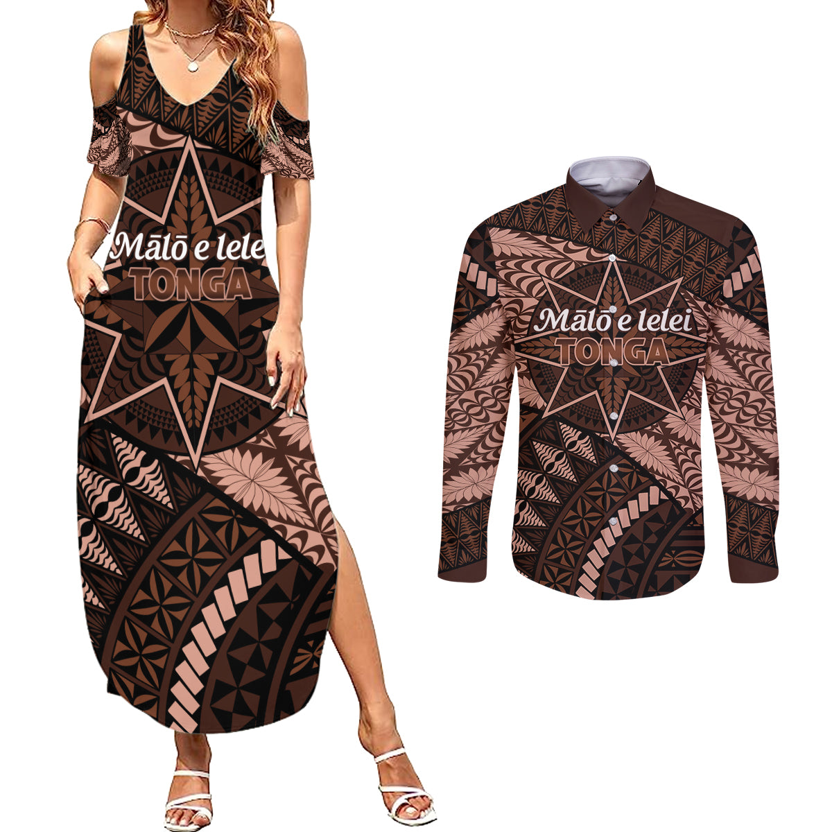 Malo e lelei Tonga Couples Matching Summer Maxi Dress and Long Sleeve Button Shirt Tongan Ngatu Pattern Vintage Vibes LT14 Brown - Polynesian Pride