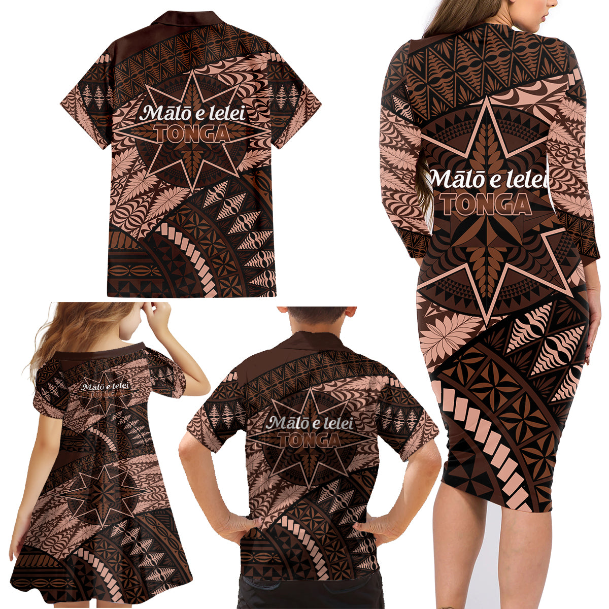 Malo e lelei Tonga Family Matching Long Sleeve Bodycon Dress and Hawaiian Shirt Tongan Ngatu Pattern Vintage Vibes LT14 - Polynesian Pride