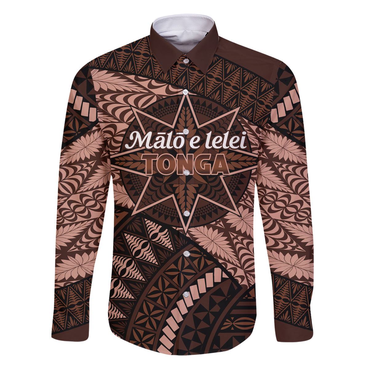 Malo e lelei Tonga Family Matching Mermaid Dress and Hawaiian Shirt Tongan Ngatu Pattern Vintage Vibes LT14 Dad's Shirt - Long Sleeve Brown - Polynesian Pride