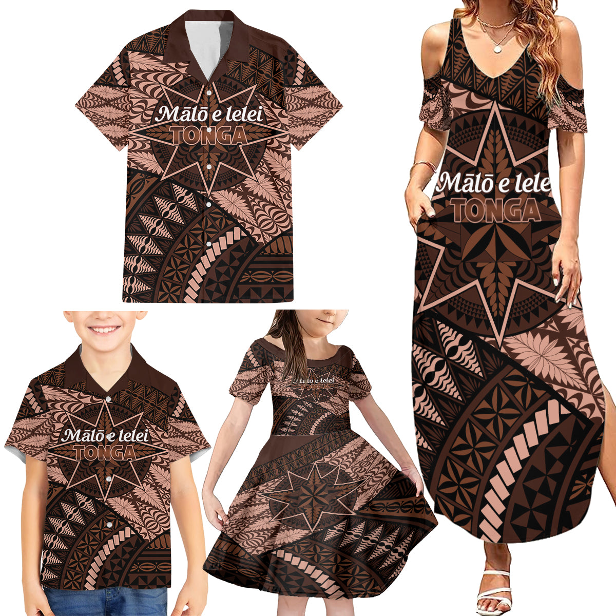 Malo e lelei Tonga Family Matching Summer Maxi Dress and Hawaiian Shirt Tongan Ngatu Pattern Vintage Vibes LT14 - Polynesian Pride