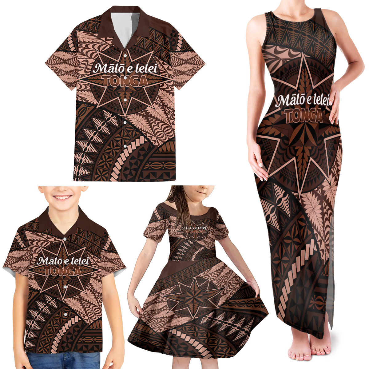 Malo e lelei Tonga Family Matching Tank Maxi Dress and Hawaiian Shirt Tongan Ngatu Pattern Vintage Vibes LT14 - Polynesian Pride