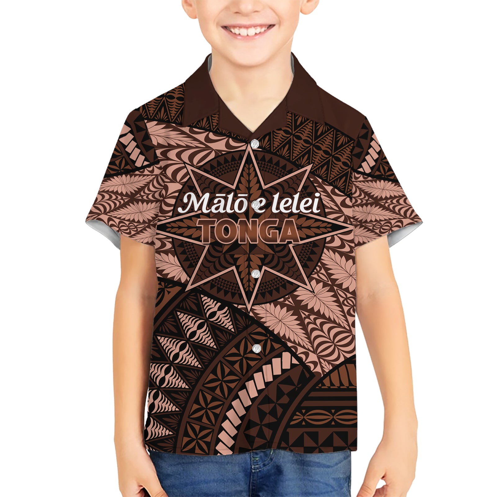 Malo e lelei Tonga Kid Hawaiian Shirt Tongan Ngatu Pattern Vintage Vibes LT14 Kid Brown - Polynesian Pride