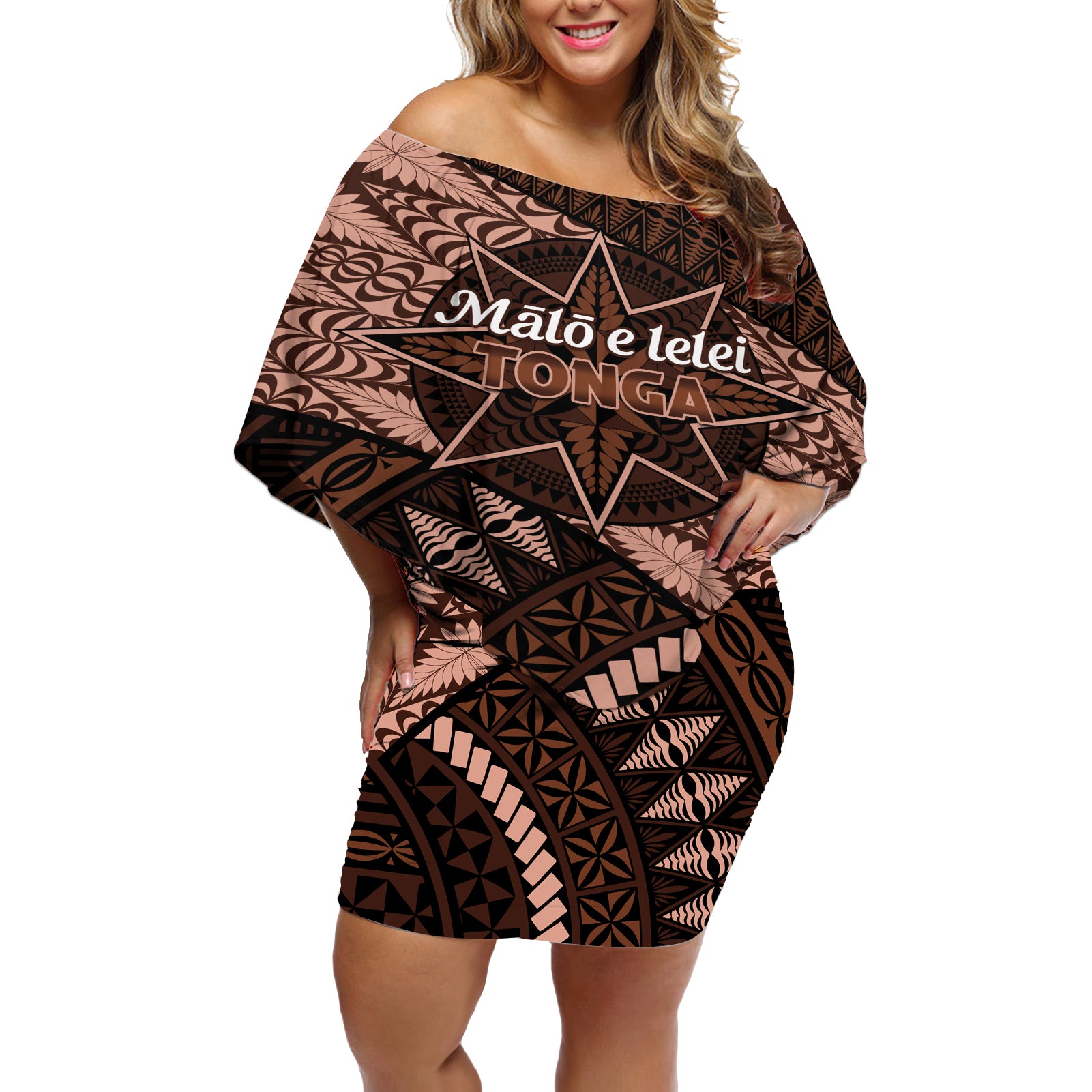 Malo e lelei Tonga Off Shoulder Short Dress Tongan Ngatu Pattern Vintage Vibes LT14 Women Brown - Polynesian Pride