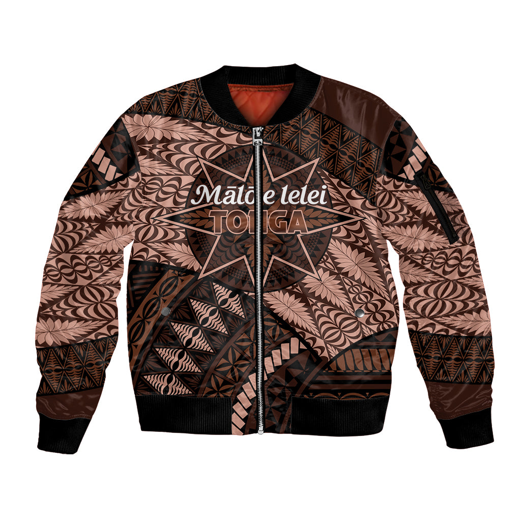 Malo e lelei Tonga Sleeve Zip Bomber Jacket Tongan Ngatu Pattern Vintage Vibes LT14 Unisex Brown - Polynesian Pride