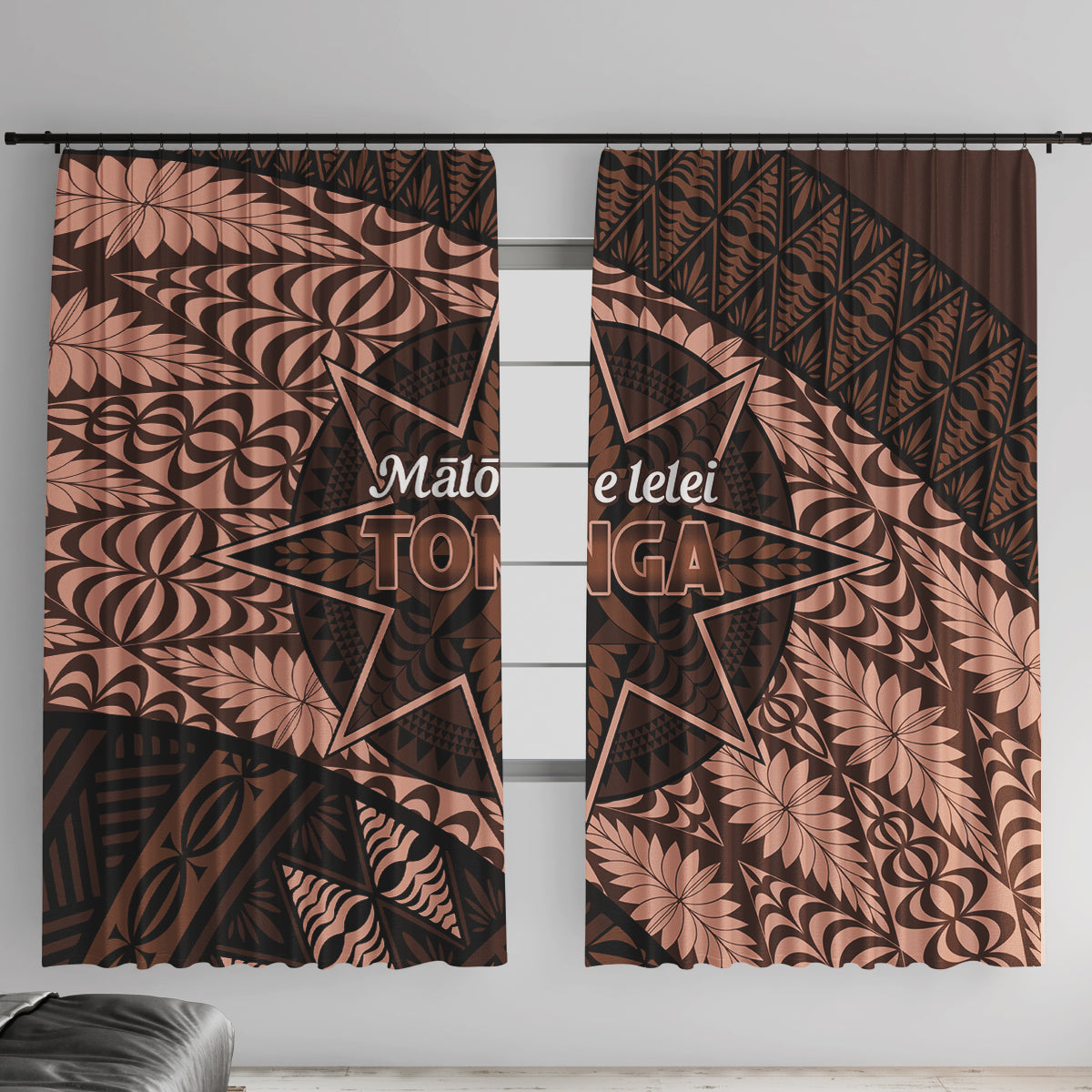 Malo e lelei Tonga Window Curtain Tongan Ngatu Pattern Vintage Vibes LT14 With Hooks Brown - Polynesian Pride