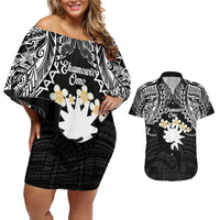 Ekamowir Omo Nauru Couples Matching Off Shoulder Short Dress and Hawaiian Shirt Naoero Twelve-pointed Star Polynesian Tattoo