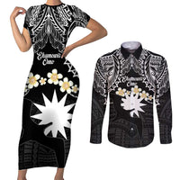 Ekamowir Omo Nauru Couples Matching Short Sleeve Bodycon Dress and Long Sleeve Button Shirt Naoero Twelve-pointed Star Polynesian Tattoo