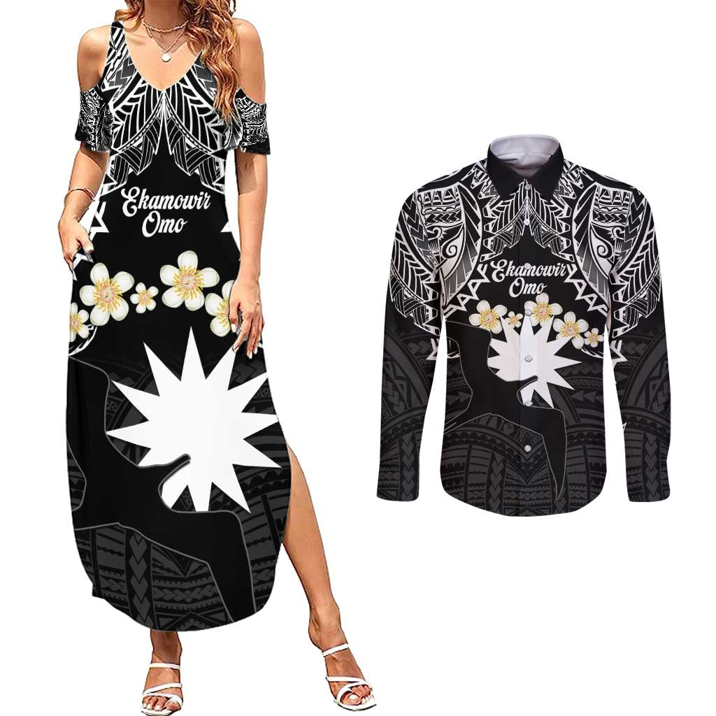Ekamowir Omo Nauru Couples Matching Summer Maxi Dress and Long Sleeve Button Shirt Naoero Twelve-pointed Star Polynesian Tattoo