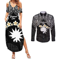 Ekamowir Omo Nauru Couples Matching Summer Maxi Dress and Long Sleeve Button Shirt Naoero Twelve-pointed Star Polynesian Tattoo