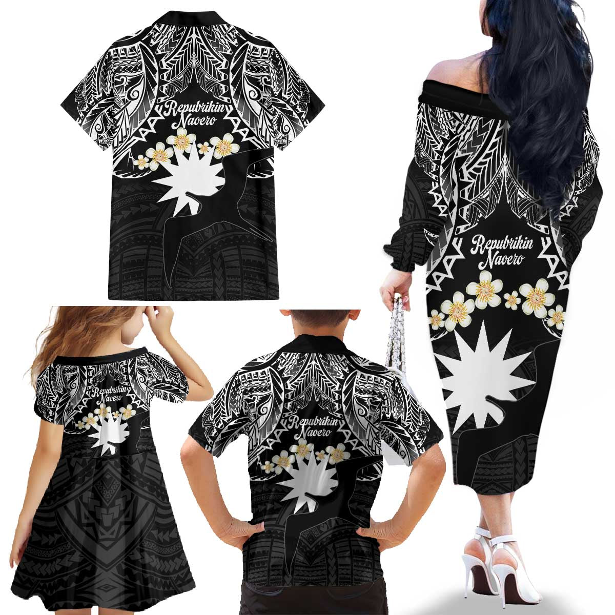 Ekamowir Omo Nauru Family Matching Off The Shoulder Long Sleeve Dress and Hawaiian Shirt Naoero Twelve-pointed Star Polynesian Tattoo