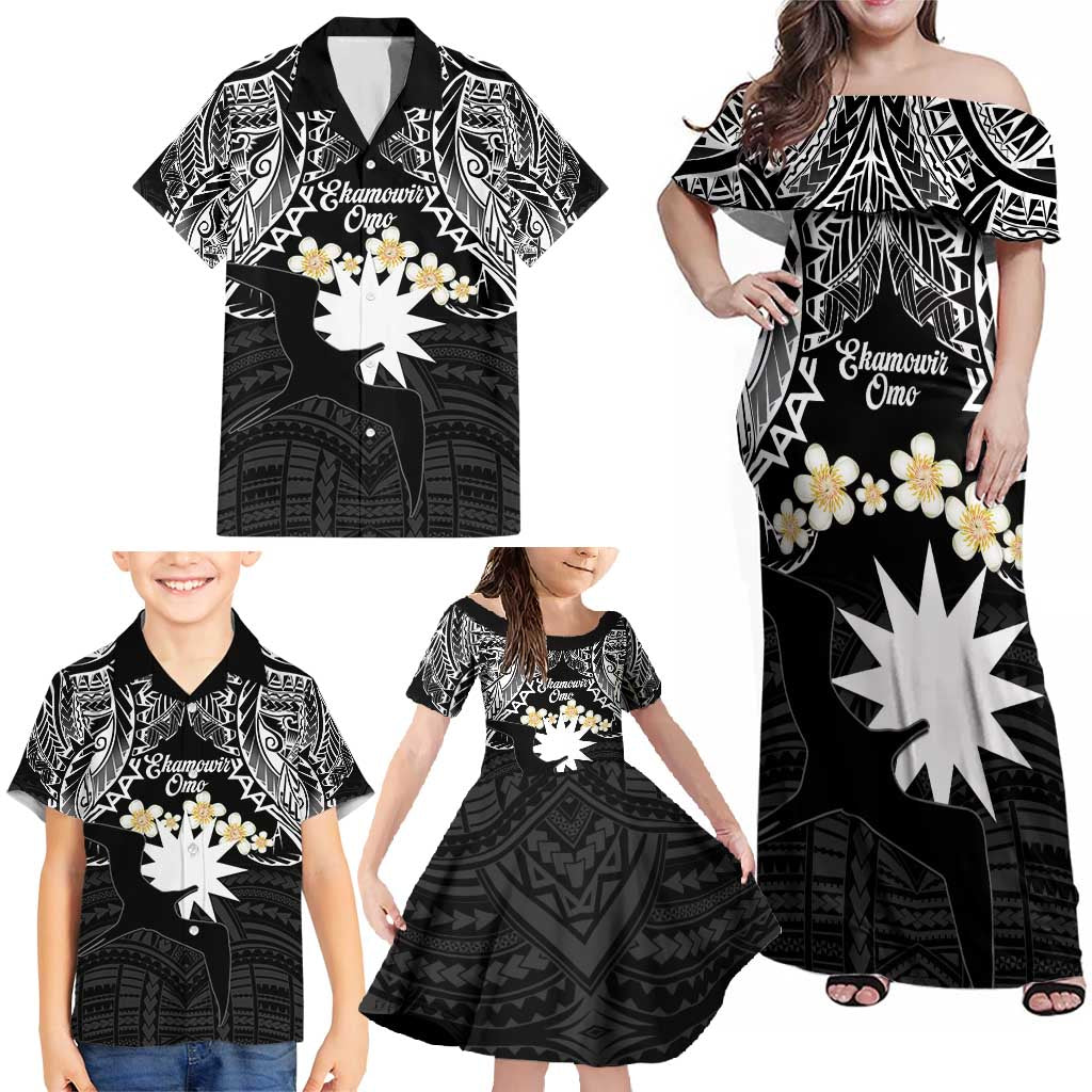 Ekamowir Omo Nauru Family Matching Off Shoulder Maxi Dress and Hawaiian Shirt Naoero Twelve-pointed Star Polynesian Tattoo