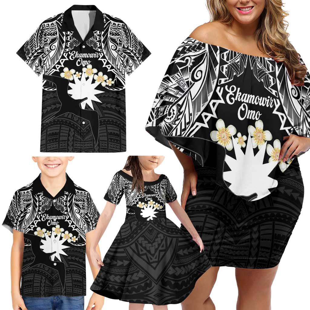 Ekamowir Omo Nauru Family Matching Off Shoulder Short Dress and Hawaiian Shirt Naoero Twelve-pointed Star Polynesian Tattoo