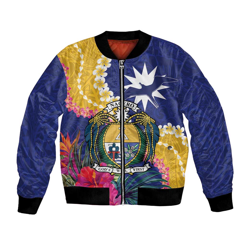 Nauru Independence Day Bomber Jacket Coat Of Arms With Tropical Flowers LT14 Unisex Blue - Polynesian Pride