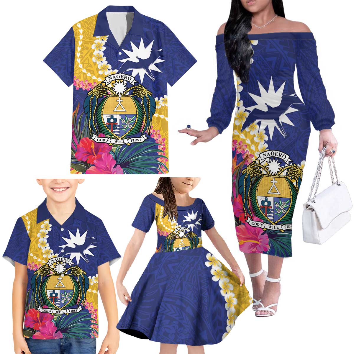 Nauru Independence Day Family Matching Off The Shoulder Long Sleeve Dress and Hawaiian Shirt Coat Of Arms With Tropical Flowers