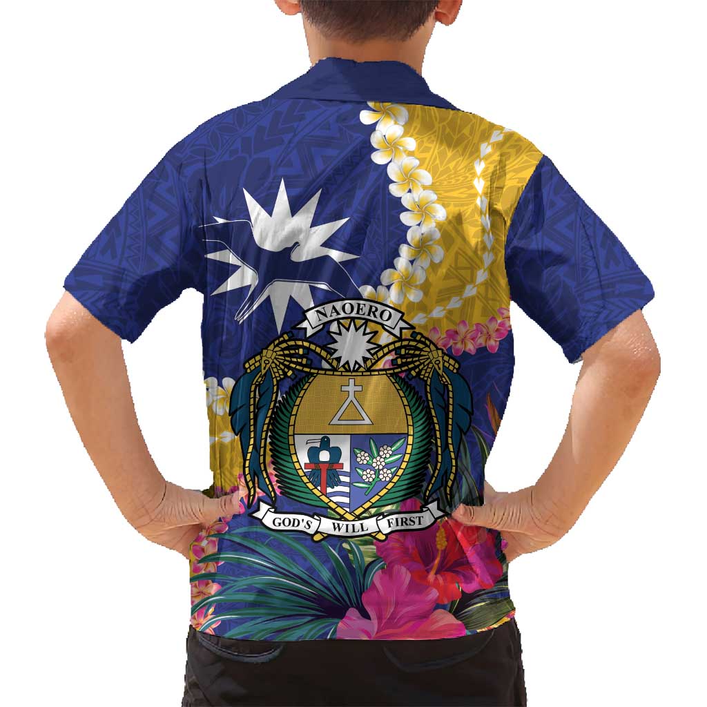 Nauru Independence Day Family Matching Off Shoulder Short Dress and Hawaiian Shirt Coat Of Arms With Tropical Flowers