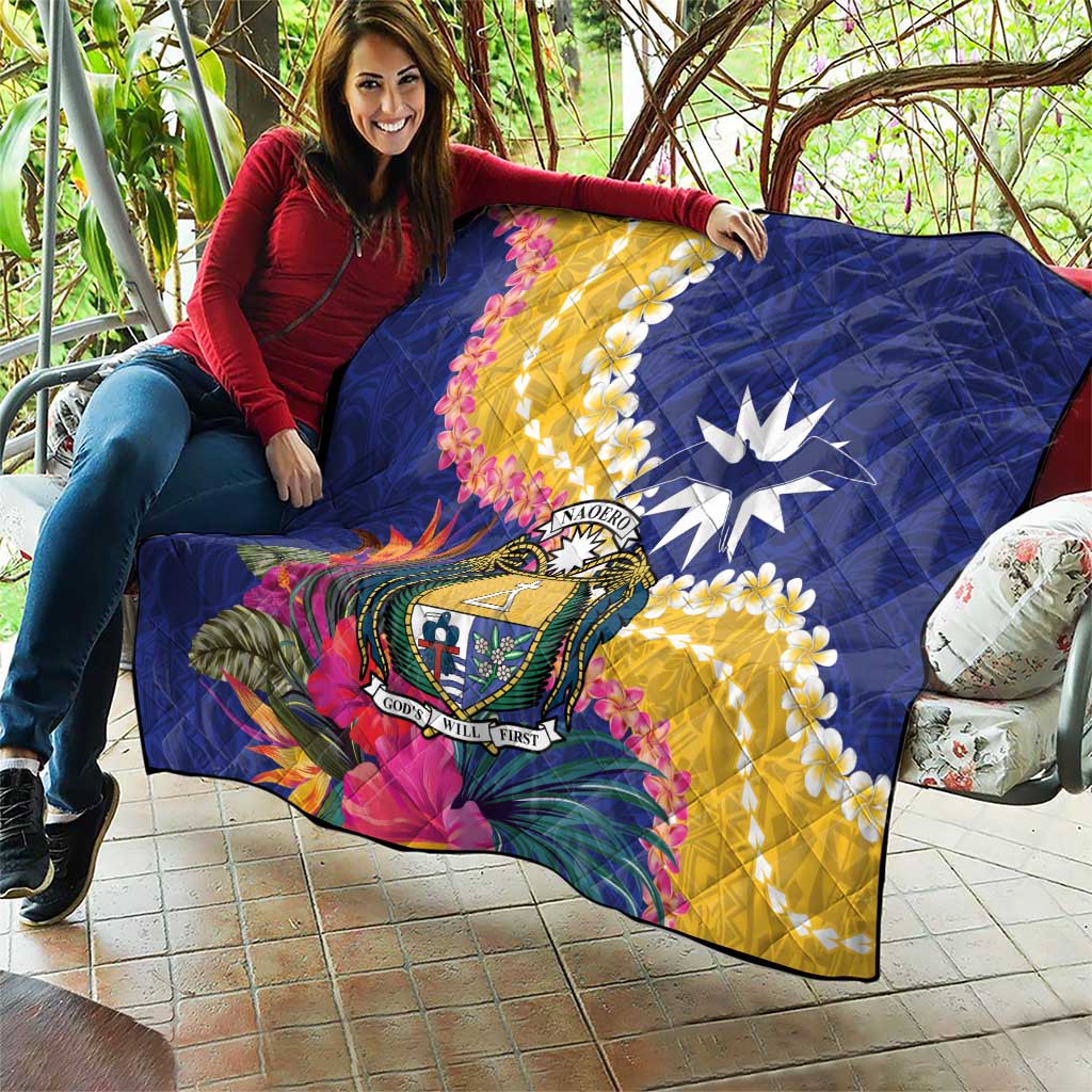 Nauru Independence Day Quilt Coat Of Arms With Tropical Flowers