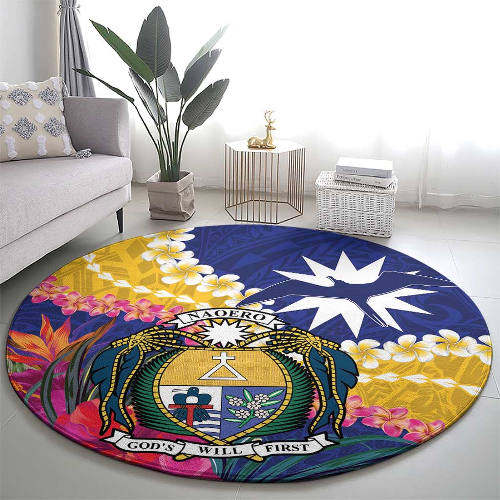 Nauru Independence Day Round Carpet Coat Of Arms With Tropical Flowers