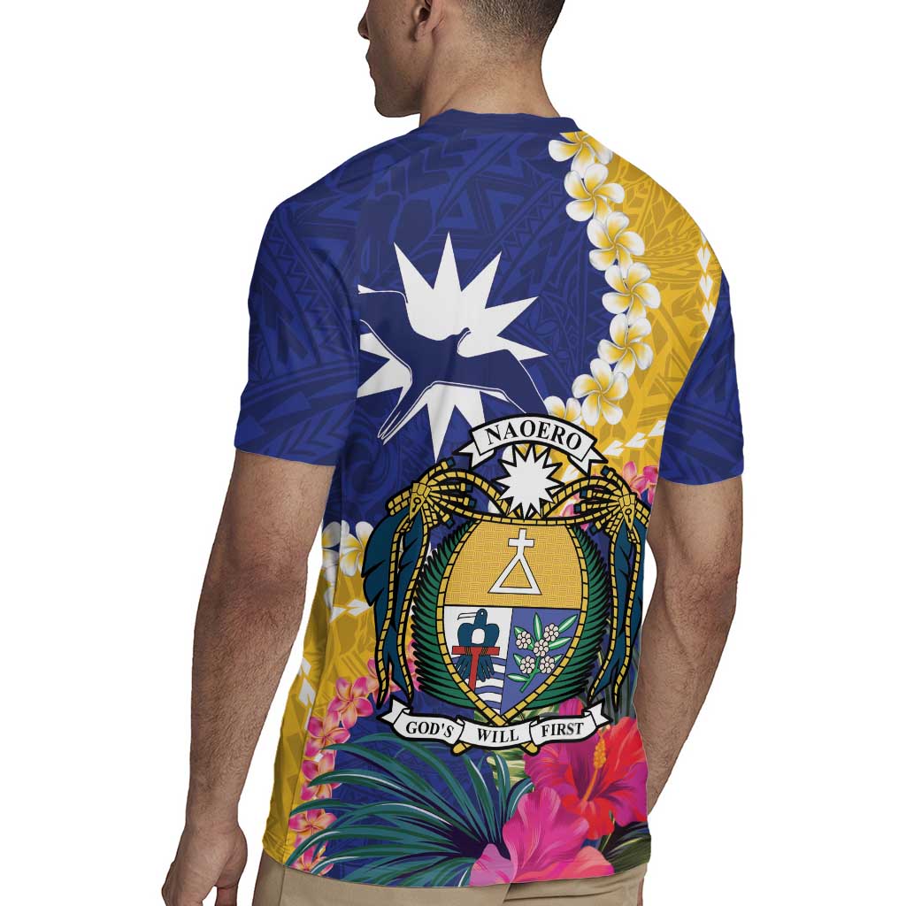 Nauru Independence Day Rugby Jersey Coat Of Arms With Tropical Flowers