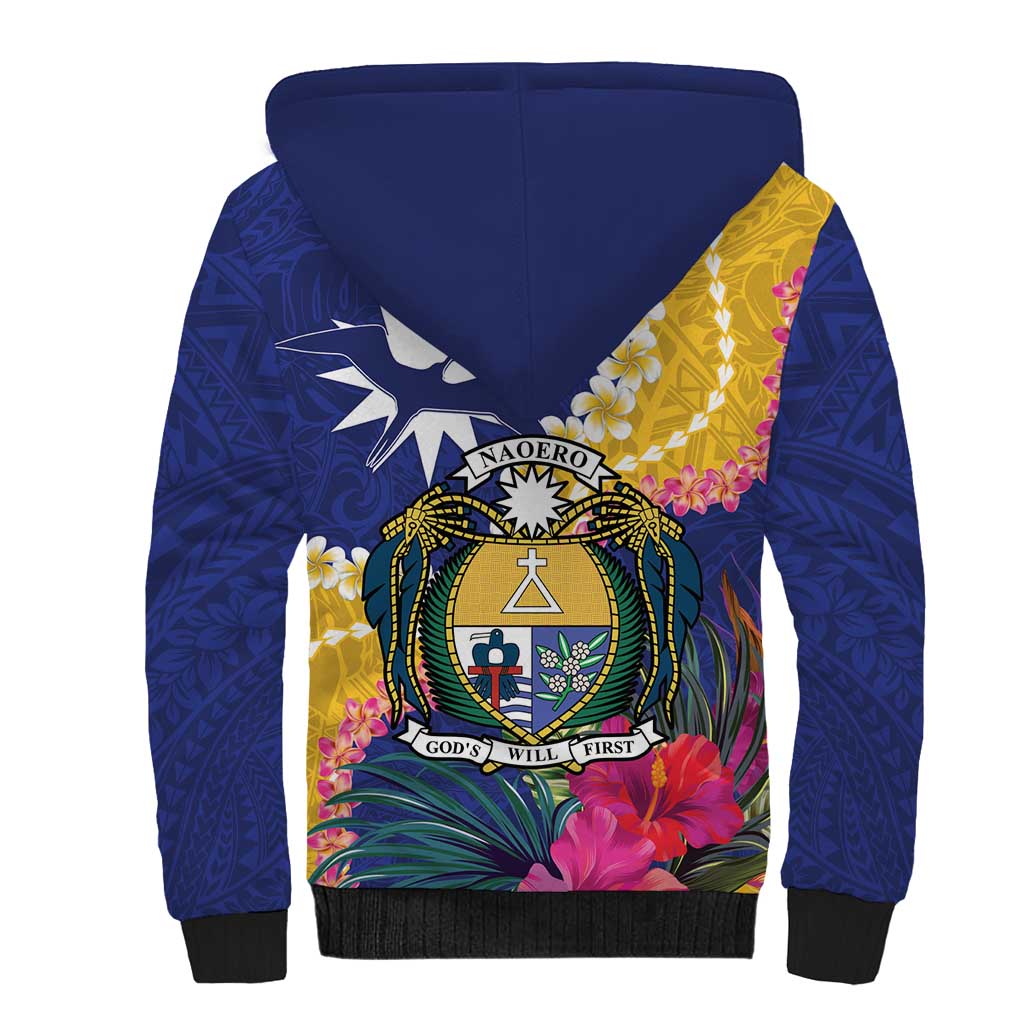 Nauru Independence Day Sherpa Hoodie Coat Of Arms With Tropical Flowers