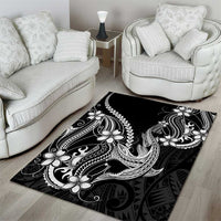 Black Aloha Hawaii Area Rug Polynesian Shark Tattoo With Plumeria - Polynesian Pride
