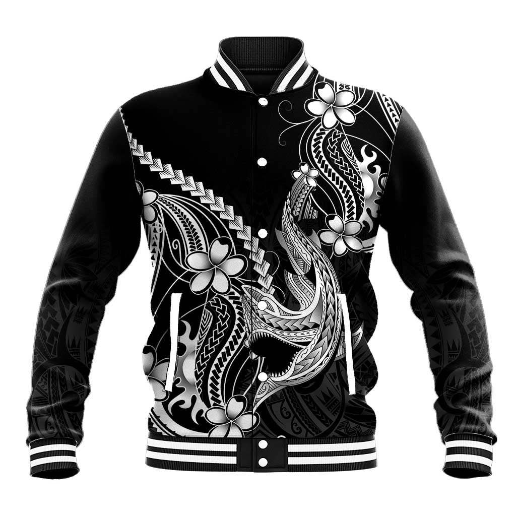 Black Aloha Hawaii Baseball Jacket Polynesian Shark Tattoo With Plumeria LT14 Unisex Black - Polynesian Pride