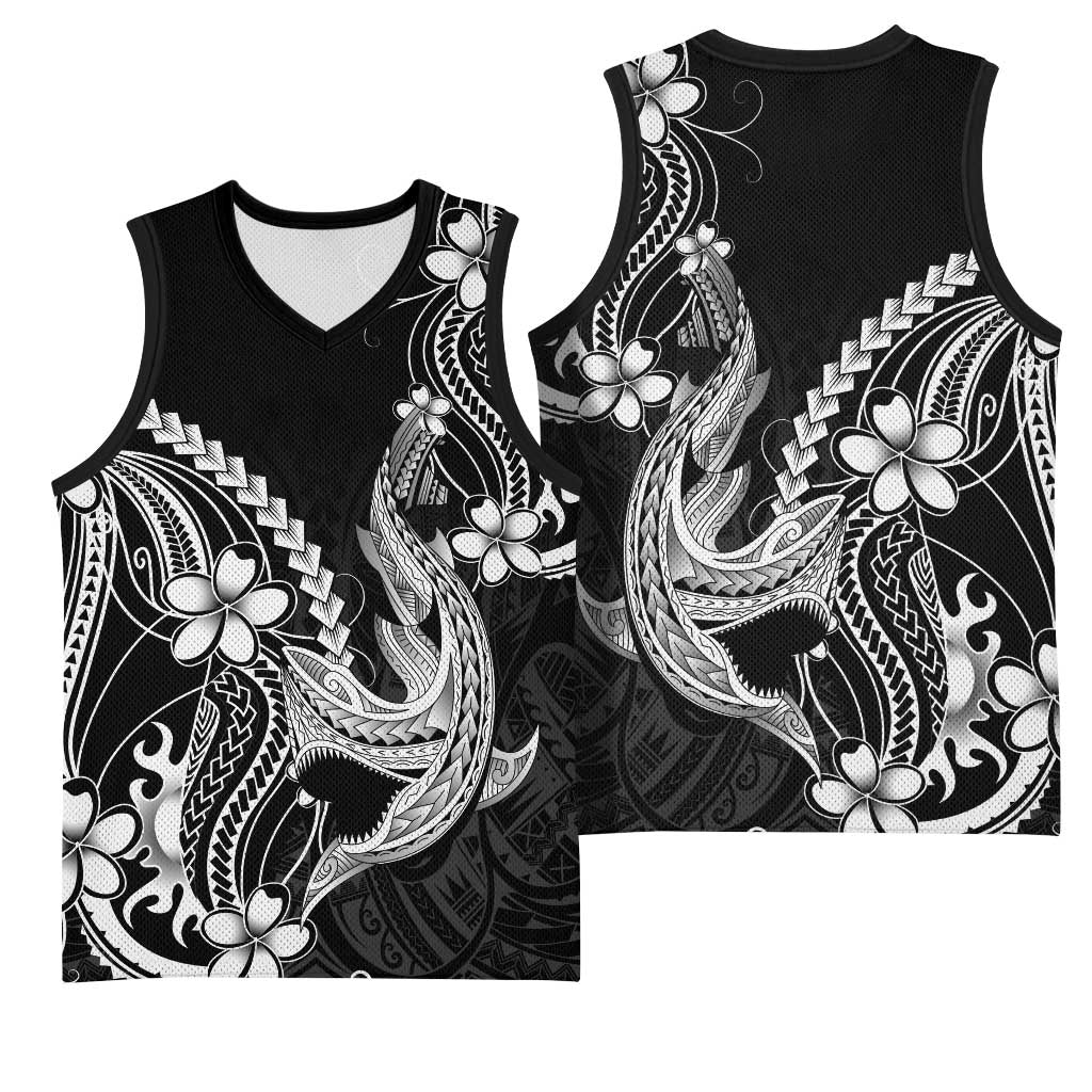 Black Aloha Hawaii Basketball Jersey Polynesian Shark Tattoo With Plumeria LT14 - Polynesian Pride