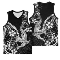 Black Aloha Hawaii Basketball Jersey Polynesian Shark Tattoo With Plumeria LT14 - Polynesian Pride
