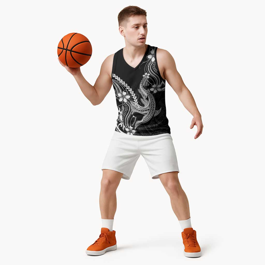 Black Aloha Hawaii Basketball Jersey Polynesian Shark Tattoo With Plumeria LT14 - Polynesian Pride