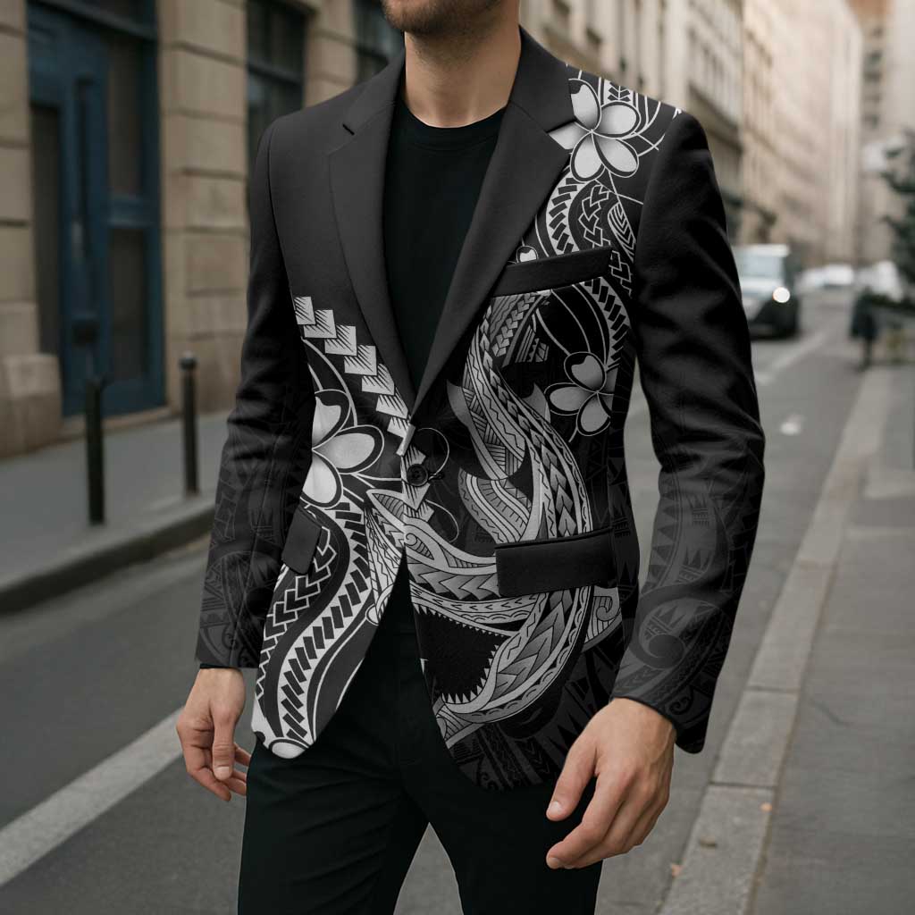 Black Aloha Hawaii Blazer Polynesian Shark Tattoo With Plumeria - Polynesian Pride