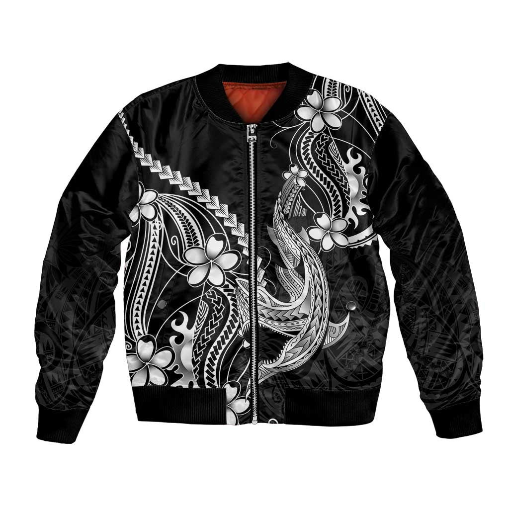 Black Aloha Hawaii Bomber Jacket Polynesian Shark Tattoo With Plumeria - Polynesian Pride