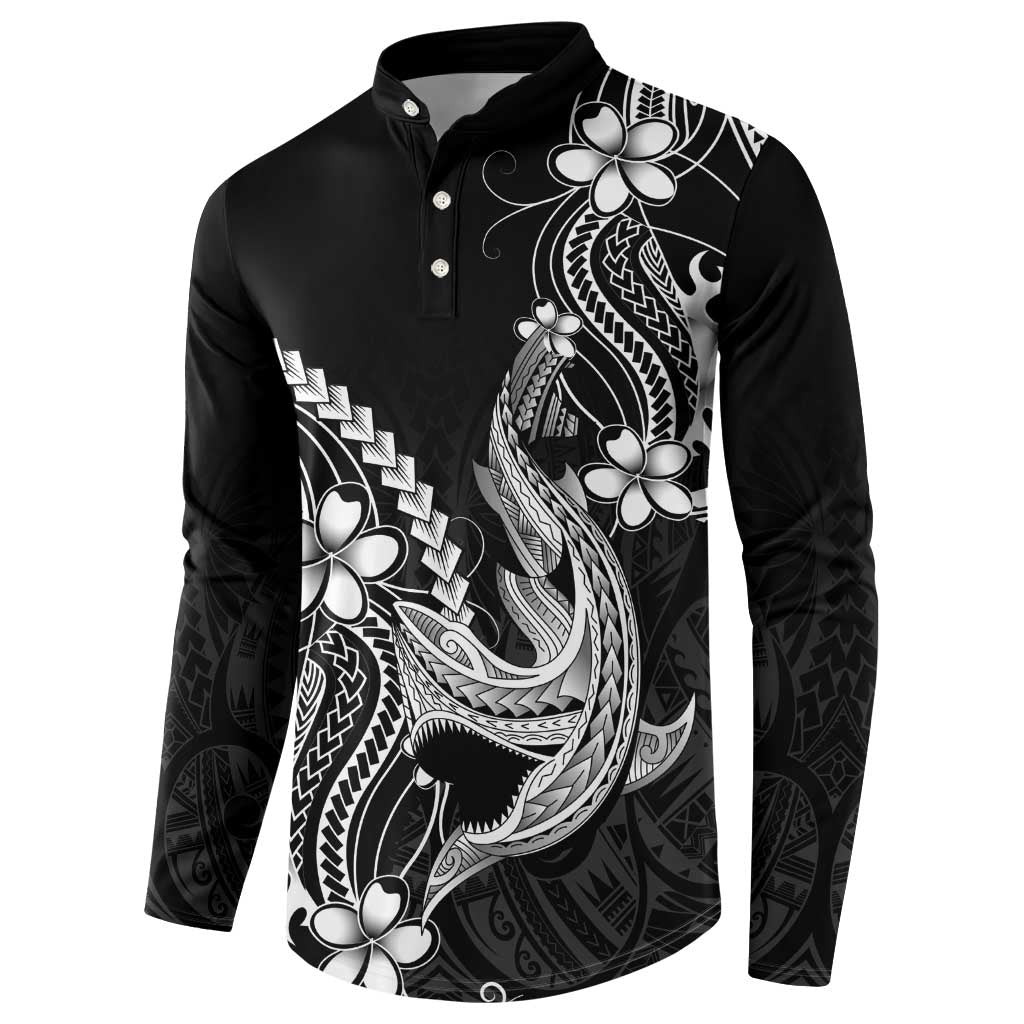 Black Aloha Hawaii Button Sweatshirt Polynesian Shark Tattoo With Plumeria LT14 - Polynesian Pride