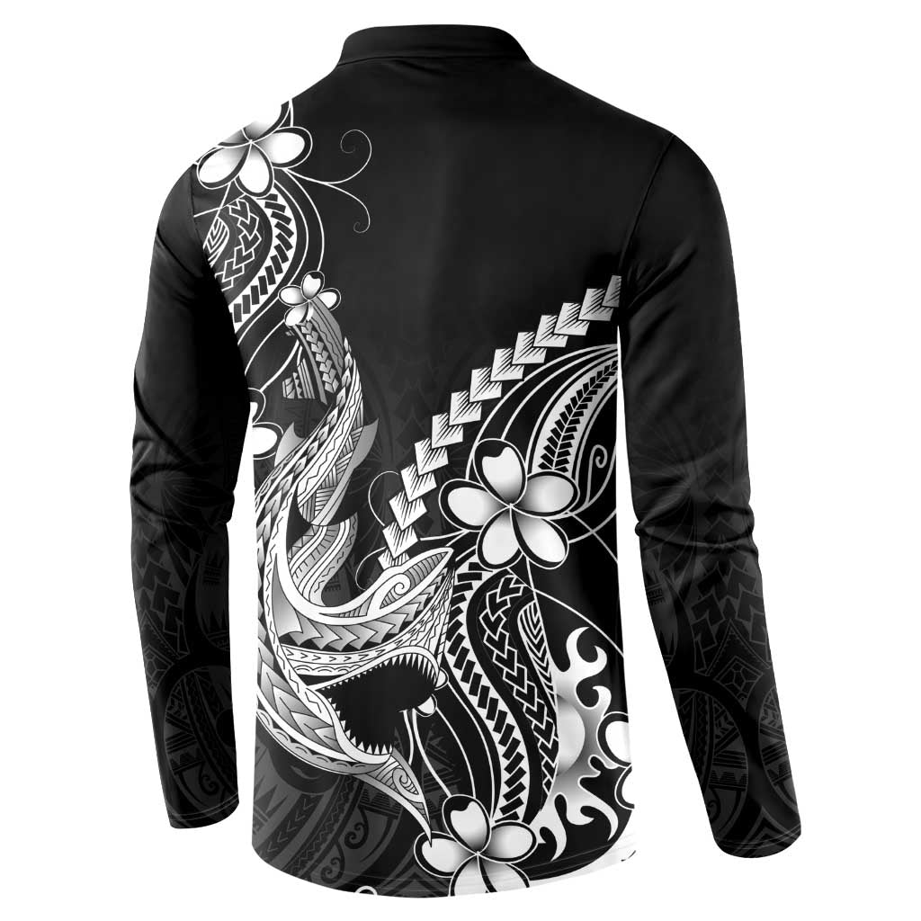 Black Aloha Hawaii Button Sweatshirt Polynesian Shark Tattoo With Plumeria LT14 - Polynesian Pride