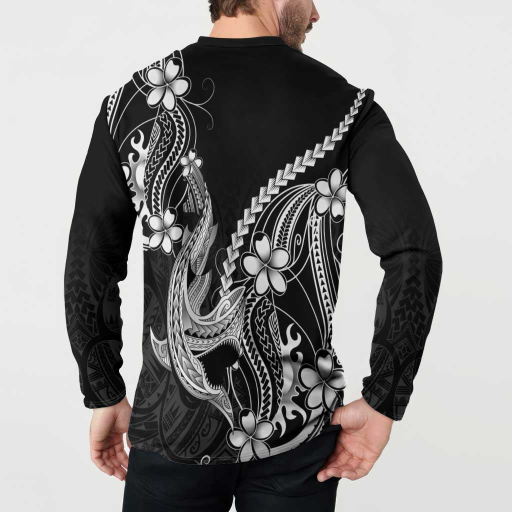 Black Aloha Hawaii Button Sweatshirt Polynesian Shark Tattoo With Plumeria LT14 - Polynesian Pride